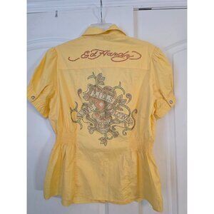 Ed Hardy Yellow Love Kills Graphic Short Sleeve Button Down Blouse shirt 1X EUC